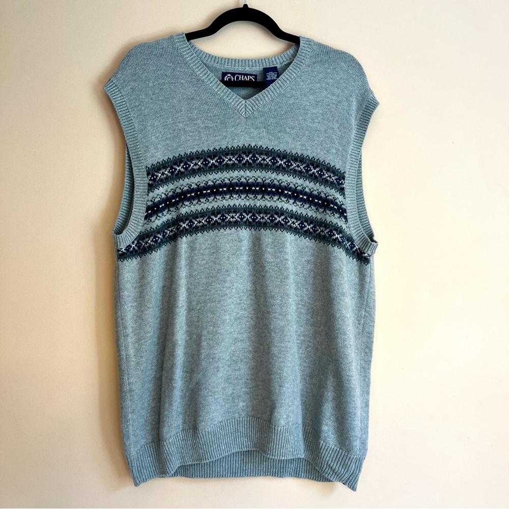 Chaps V-Neck Sweater Vest, Gray, Fair Isle, Men's Size L